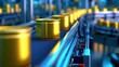 © chusnul - An assembly line featuring metallic cans in a factory setting, illuminated with blue tones