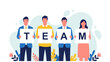 © Ardande - Collaborative Business Team holding placards spelling TEAM against an abstract background, ideal for corporate presentations and HR recruitment banners.