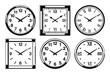 © VectorUP - Variety of clock faces with black hands on a white background, displaying arabic and Roman numerals in different designs