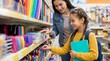© David Zarzosa - Mother and daughter shopping for colorful school supplies in stationery store representing back to school preparation.