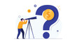 © Luther - Curious businessman looking through telescope at giant question mark containing money coin representing search for new financial opportunities and solutions.