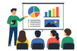 © AktarulHaque - Flat vector illustration of a student presenting a project on a digital screen to a classroom. Modern minimal scene depicting education, learning, and public speaking in a school or college setting.