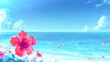 © Kuroneko Mac - 美しいエメラルドグリーンの海と晴天の青空を背景に、浜辺に咲き誇る鮮やかなピンクのハイビスカスを描いた、トロピカルで爽やかな南国の夏の風景のアニメスタイルイラスト