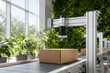 © rungnapha - Automated machine vision system inspecting cardboard box on conveyor belt in modern facility surrounded by greenery