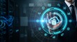 © PureVisualsFrame - Businessman touching holographic cloud lock icon with futuristic cybersecurity interface concept