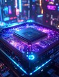© Zania - Glowing Futuristic Microchip Resting on Illuminated Circuit Board in Neon City Setting