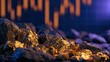 © afdal - Rough, glittering gold nuggets piled on dark rocks with blurred stock chart backdrop