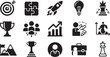 © Dalim 7 - Corporate, business icon collection with black solid vector elements representing teamwork, target goals, growth, success milestones, and strategic partnership in modern flat style suitable for leader