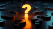 © SHAHANAZ - Glowing yellow question mark surrounded by dark metallic question marks on reflective surface with question uncertainty decision solution confusion business information thinking reflection