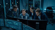 © Vyatcheslav - IT professionals monitoring global data in a dark server room. Cybersecurity team analyzing network security on multiple computer screens in a control center