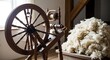 © Alokesh - Old wooden spinning wheel with white raw wool in a rustic workshop