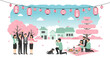 © Watirah_Martodimejo - A group of people enjoying a spring picnic and taking photos under cherry blossom trees.