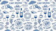 © Kanon Islam - Seamless pattern with Mediterranean beach vacation icons Italian food blue wine glass umbrella and summer holiday elements vector illustration
