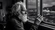 © Everlasting Dreams - A bearded elder rests a hand on a window frame, looking intensely at a rocky sea from inside a rustic cabin. The monochrome scene evokes a rugged, silent contemplation.