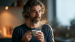 © AnaKonda.ai - Middle-aged man holding steaming cup of hot chocolate in kitchen
