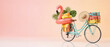 © Irina Kalinina - Header banner of a retro mint bicycle packed with colorful vintage suitcases, a pink flamingo float, and tropical leaves, creative travel design, summer vacation concept. Travel design.