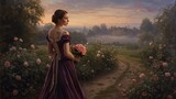Elegant Woman Holding Rose Bouquet in Romantic Garden at Sunset Near Historic Manor House