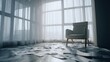 © Graphit Stocks - Comfortable armchair placed amidst scattered papers in a bright room with sheer curtains and large