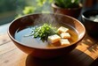© Yaraslava - Miso Soup Scenic Presentation Smooth Tofu Deep Savory Seaweed Wooden Bowl Essence Harmony