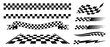 © aura studio - Black and white motorsport checker flag border set with seamless racing grid texture, finish line stripe, rally banner and speed pattern vector