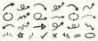 © aura studio - Black doodle arrow vector collection with hand drawn curved arrows, sketch direction signs, loop symbols and ink pointer elements for notes and highlights