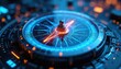 © Vadym - Close-up futuristic compass glows blue and orange. Digital technology guiding path, navigating future, finding direction in complex system. High tech device search. Guidance navigation device.