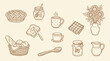 © KN collection - A charming hand-drawn collection of breakfast and bakery items, including a pie, bread, jam, coffee, and sunflowers.