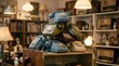 © Sigit - A stack of vintage rotary dial telephones in various colors like blue, green, and maroon displayed on a wooden shelf in an antique shop surrounded by old radios and books.