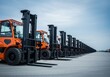 © Bluvera - A row of orange industrial forklifts parked outdoors on a cloudy day, ready for heavy lifting and logistics operations.
