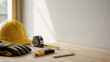 © Wilden - Safety helmet and measuring tools on wooden desk for interior renovation planning workspace. copy space