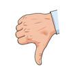 © Ozor - Vector illustration of a male hand with a light blue shirt cuff showing a thumbs down gesture isolated on a white background, representing dislike, disapproval, or rejection.