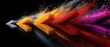 © Sonthana - Abstract digital artwork of colorful arrows dissolving into particles, moving from left to right on a black reflective surface.