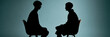 © S-DESIGN - Two silhouetted figures sitting opposite each other in chairs, engaged in conversation. The scene is illuminated by a soft, blue light, creating a mysterious and intimate atmosphere