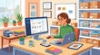 © Ayat - Young woman working on laptop at home office desk with plants and bookshelves