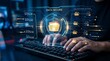 © Faizan - Close up of a person hands on keyboard with data secure interface and encryption active for cyber defense protocols