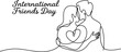 © RK Drawing Gallery - International friends day continuous line art drawing of a man and a woman embracing with a heart shape between them as a symbol of love and friendship Vector, illustration