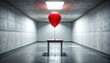 © Milastudio - A single oversized red balloon is tethered to a small wooden desk inside a vast empty concrete room, creating a striking surrealist scene with cinematic horizontal composition.