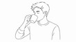 © Iram - Minimalist line art of a man drinking coffee, hand drawn sketch of a young male with a mug, simple black and white vector illustration of morning routine
