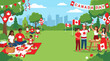 © WM Project - Joyful families and friends gather in a vibrant park for a festive Canada Day celebration, enjoying picnics and waving national flags under a sunny sky with a city skyline
