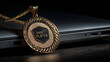 © wirachut - Most player medal on gold chain placed near laptop symbolizing national employee appreciation and recognition for outstanding performance