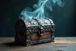© vattana - An ornate treasure chest rests on a rustic wooden surface, emitting a wisp of fragrant smoke, hinting at hidden secrets and untold stories within.