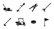 © pixpond - Gardening and landscaping icon set lawn mower, trimmer, shears, rake, hoe, golf cart, flag, white background