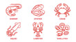 © roziah - Seafood Icons: Shrimp, Oyster, Crab, Squid, Lobster, Shellfish - Red Line Art