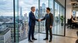© GenerativeAIpicture - Business Professionals Shaking Hands with City View in Background
