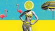 © Elena - Pop art surreal collage featuring a vintage woman in a striped swimsuit with a lemon head, standing on a beach with pink flamingos and a striped umbrella