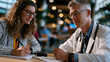 © Maksym - Science journalist sitting across a cafeteria table from a research immunologist at a public hospital, digital recorder between them, journalist scribbling shorthand while the scientist sketches a d