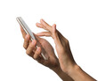 © Iryna - Hands holding smartphone isolated PNG on transparent background, scrolling mobile phone for social media and communication concepts