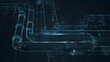 © pjjaruwan - Minimal style visualization of natural gas pipe network with glowing blue wireframe pipes and industrial fittings conveying energy and motion