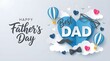© Nida - Happy Father's Day greeting card, banner, poster or flyer design with flying origami hearts over clouds with air balloons, paper mustache, glasses and bow tie. Paper art, digital craft style.