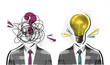 © mitay20 - Trendy Halftone Collage two business , with a chaotic brain with question and a calm, brain with light bulb, dig idea